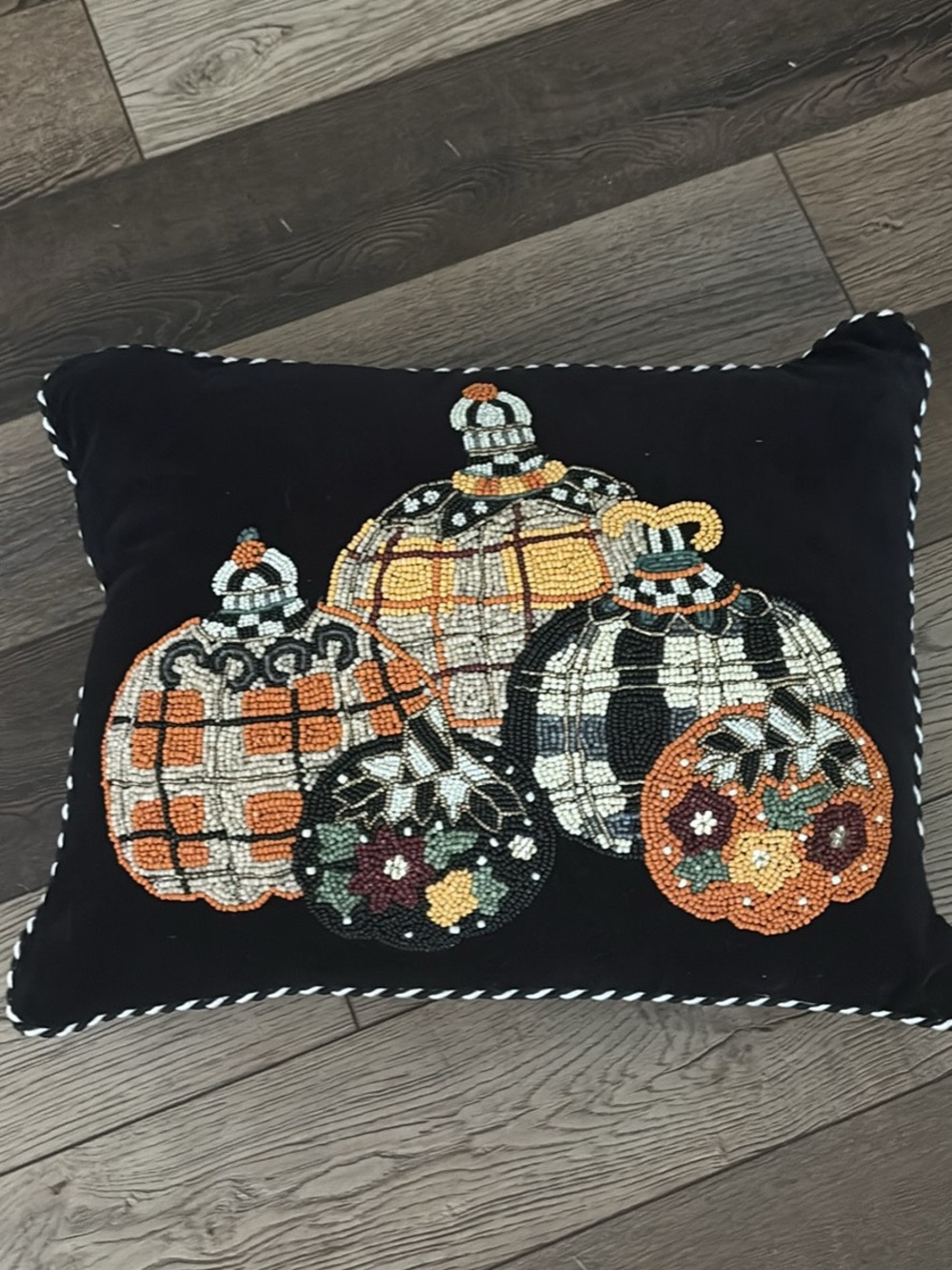 Mackenzie Childs Beaded Pumpkin Decorative Pillow - Black/Orange Holiday Accent
